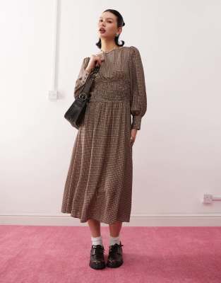 maxi smock dress with shirring in brown plaid-Multi