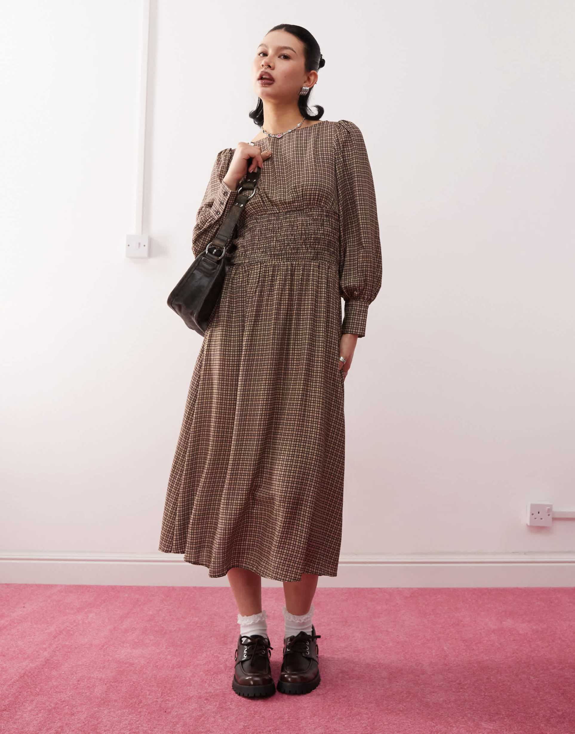 reclaimed vintage maxi smock dress with shirring in brown plaid