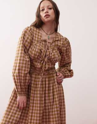 maxi smock dress with tie front detail in yellow and pink plaid-Multi