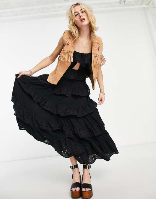 Reclaimed Vintage maxi smock dress with tiers in black , 3 of 4