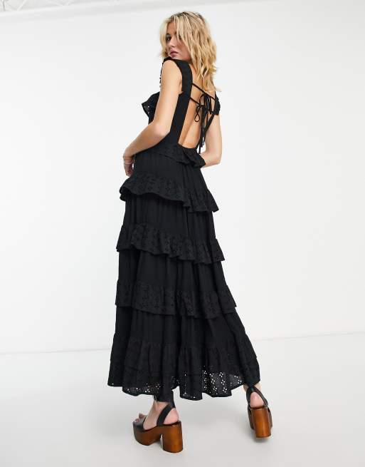Reclaimed Vintage maxi smock dress with tiers in black , 4 of 4