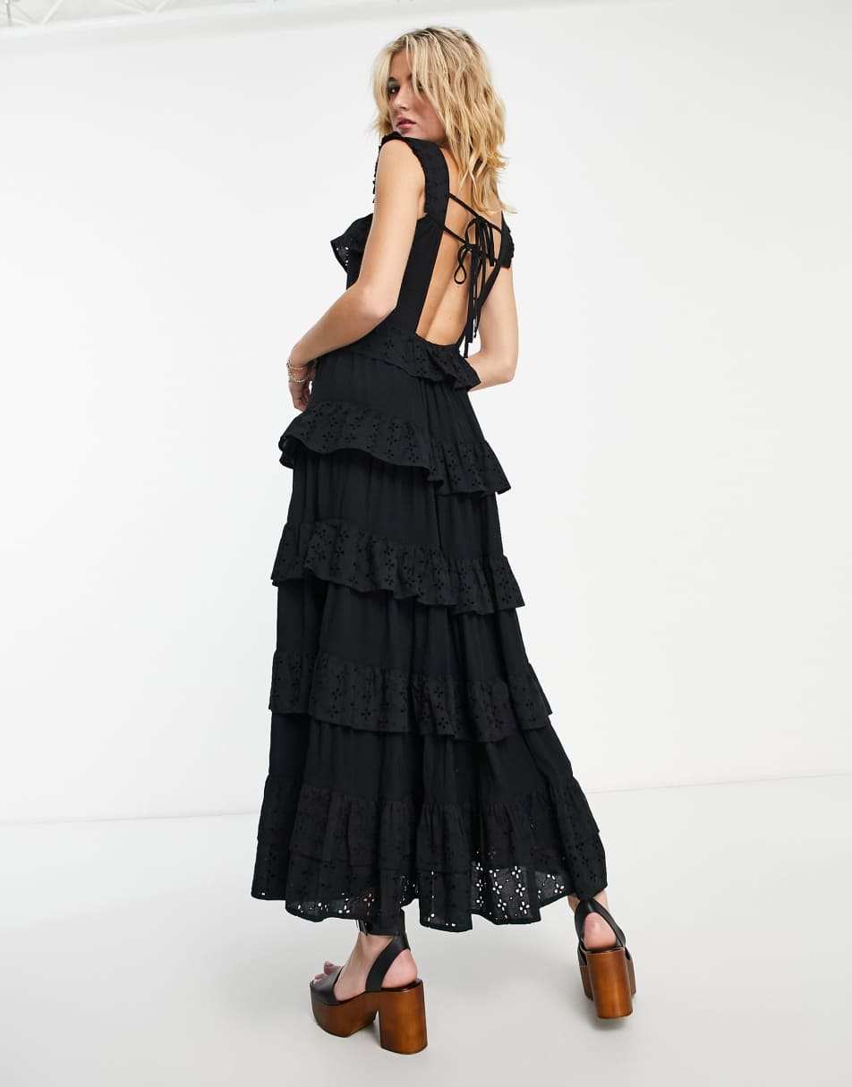 Reclaimed Vintage maxi smock dress with tiers in black 2