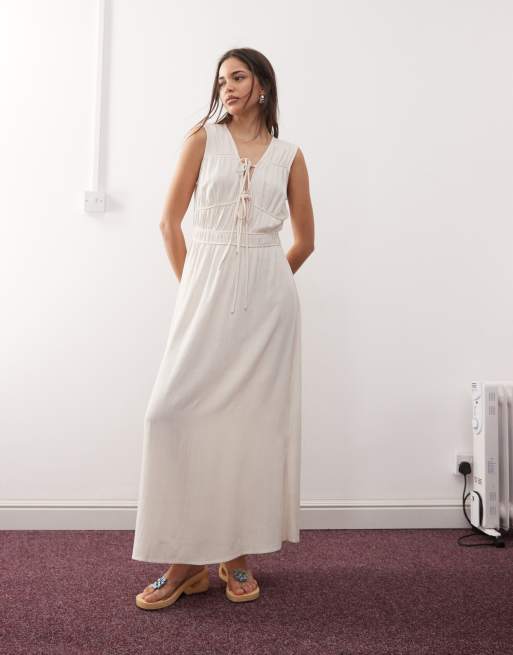 Reclaimed Vintage maxi sun dress with ruching and ties in ecru linen blend