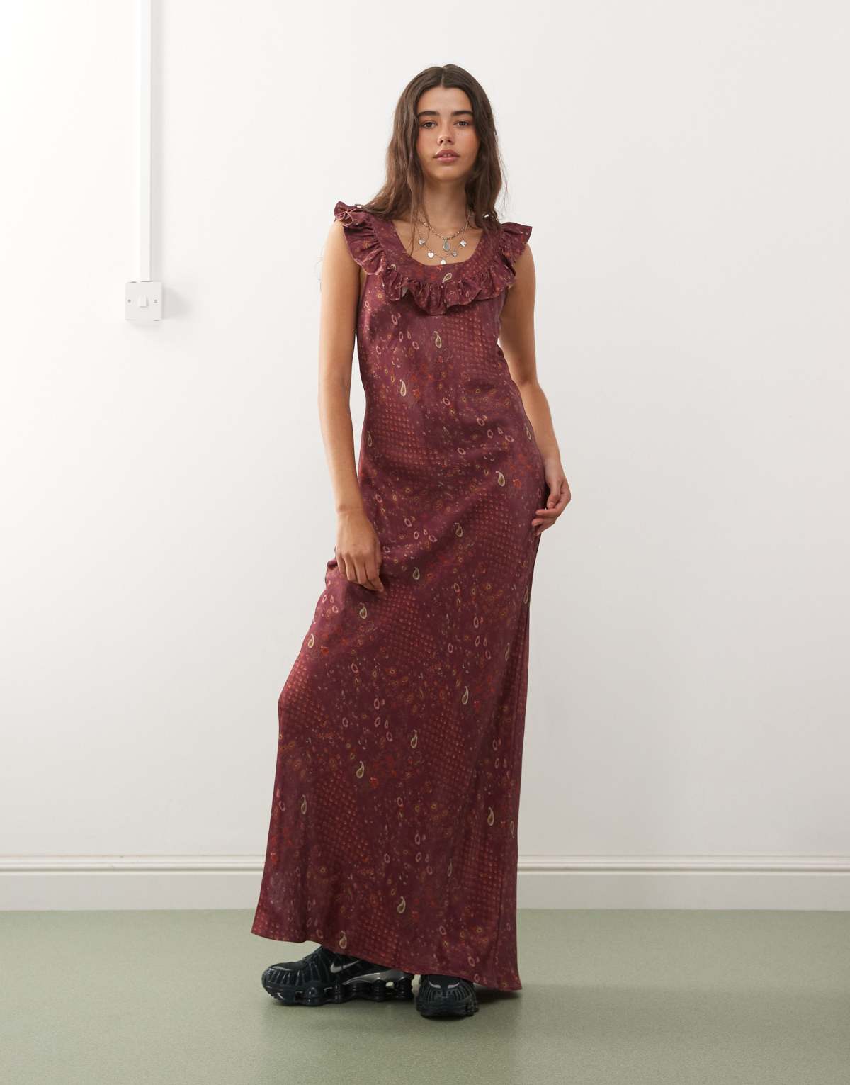 Reclaimed Vintage maxi tea dress with frill neck in burgundy floral print