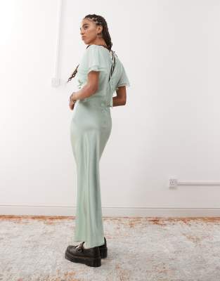 Reclaimed Vintage Maxi Tea Dress With Keyhole And Contrast Lace In Green