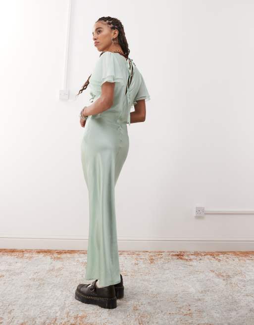 Reclaimed Vintage Maxi Tea Dress with Keyhole and Contrast Lace in Mint Green
