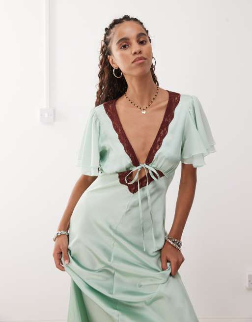 knee length dresses for ladies Mint Green Chiffon See-Through Off-The-Shoulder Lace Evening Dress, Green / US2 main image 0