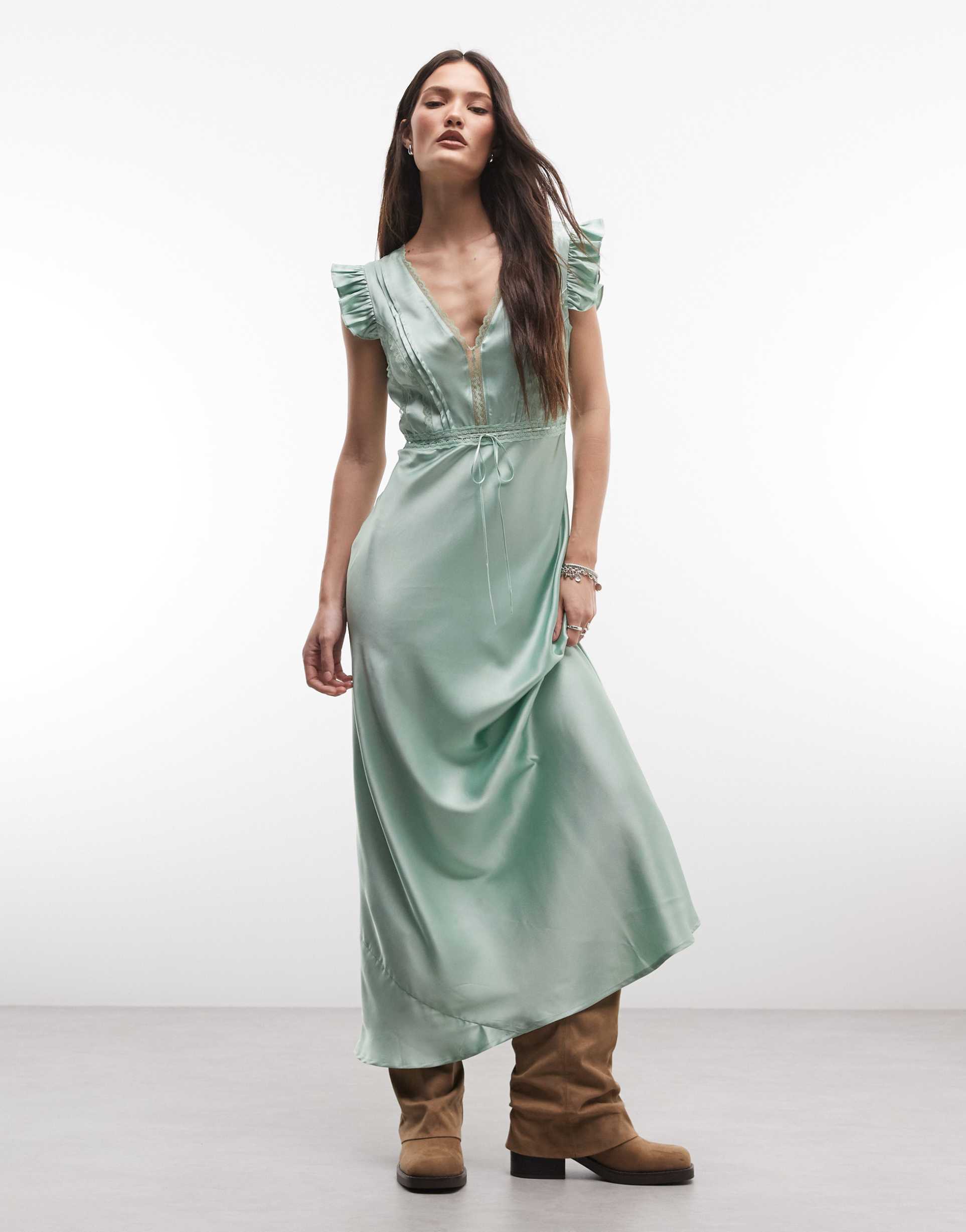 reclaimed vintage maxi tea dress with lace inserts and pintucks in sage green