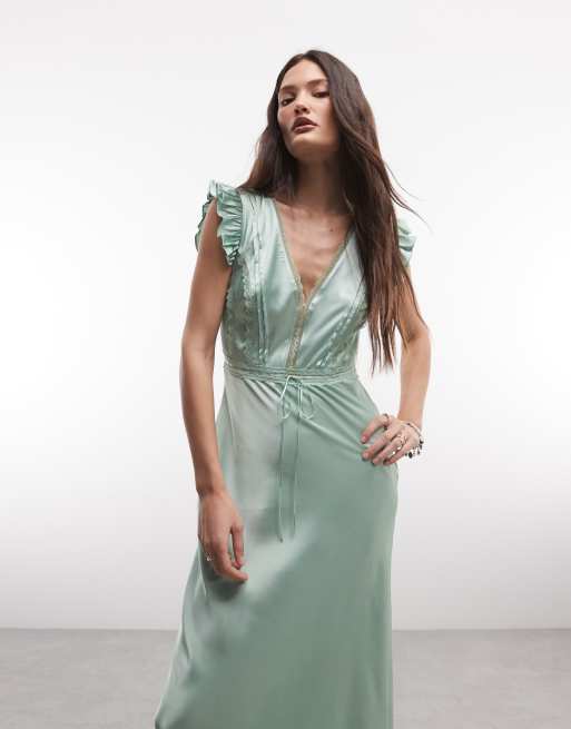 Reclaimed Vintage maxi tea dress with lace inserts and pintucks in sage green, 2 of 4
