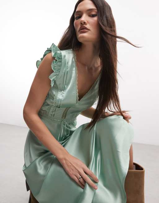 Reclaimed Vintage maxi tea dress with lace inserts and pintucks in sage  green | ASOS