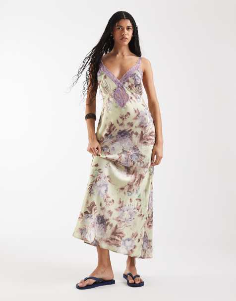 Reclaimed Vintage maxi tea dress with lace inserts in green floral print - view 1