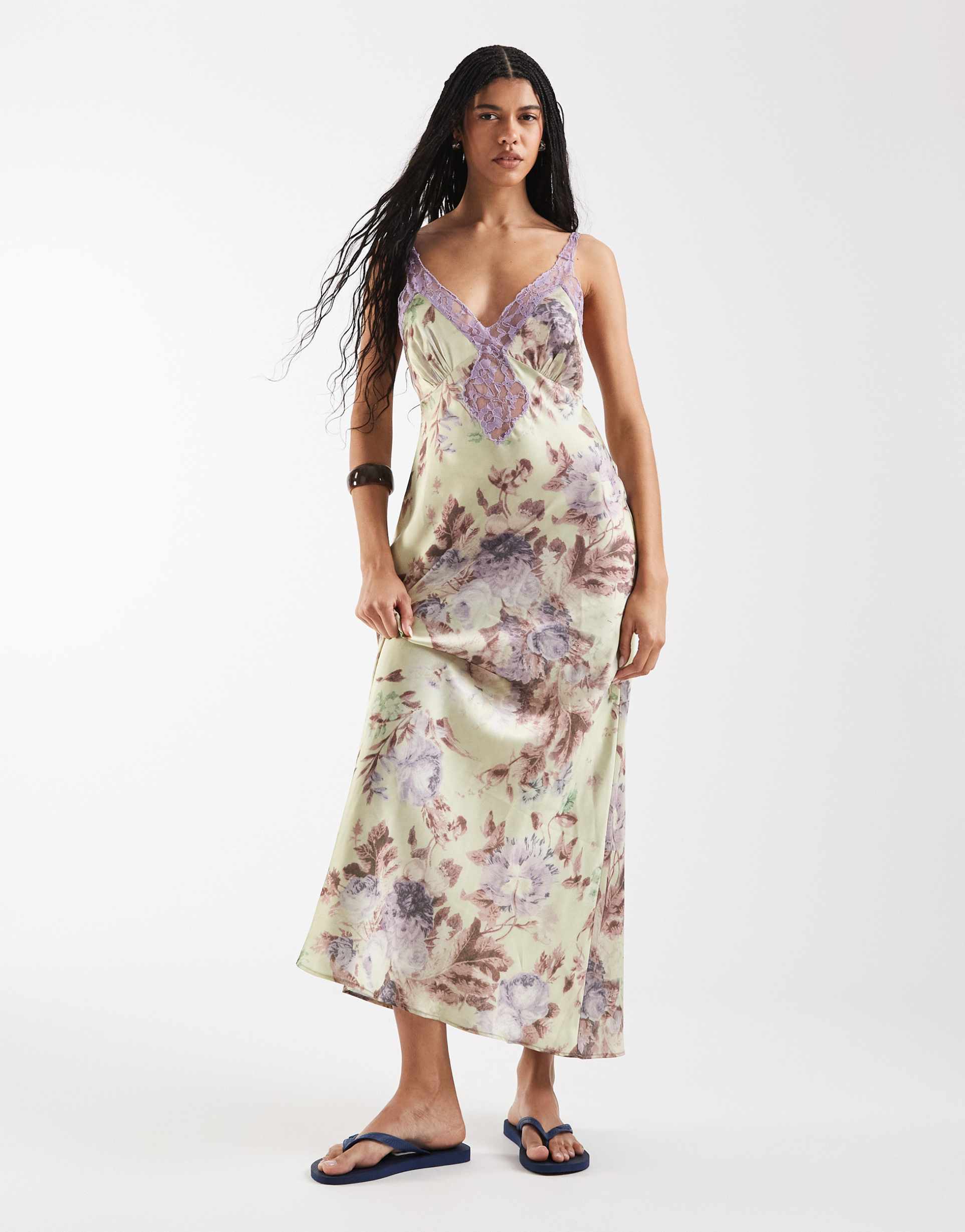 reclaimed vintage maxi tea dress with lace inserts in green floral print