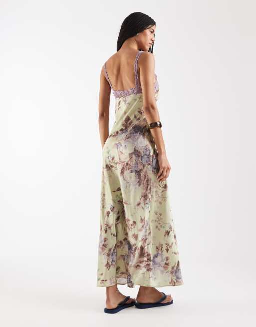 Reclaimed Vintage maxi tea dress with lace inserts in green floral print, 4 of 4