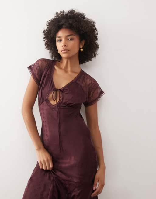Reclaimed Vintage maxi day dress with lace inserts in plum floral satin jacquard