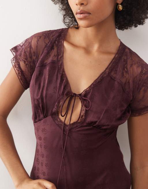 Reclaimed Vintage maxi day dress with lace inserts in plum floral satin jacquard