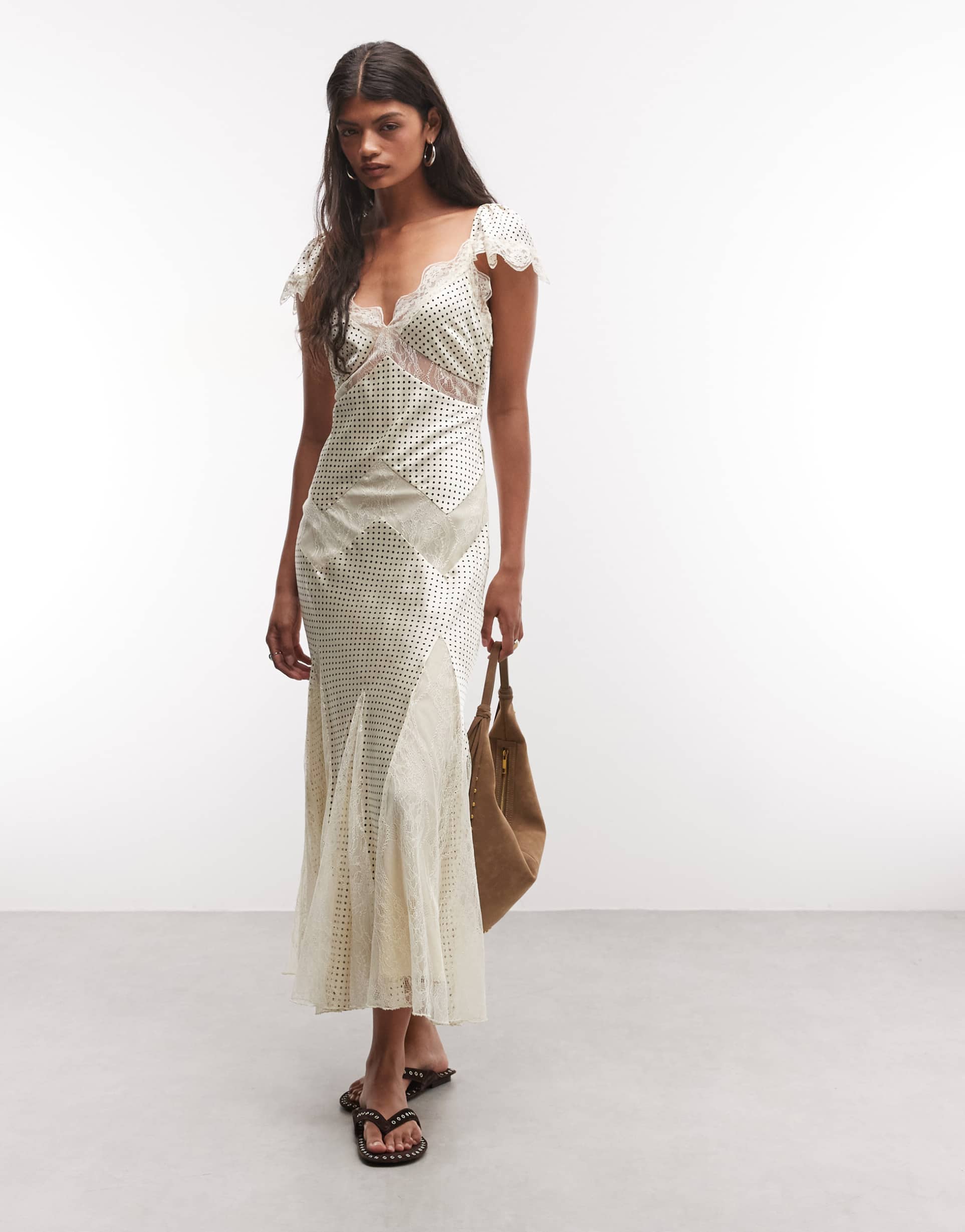 reclaimed vintage maxi tea dress with lace inserts in polka dot