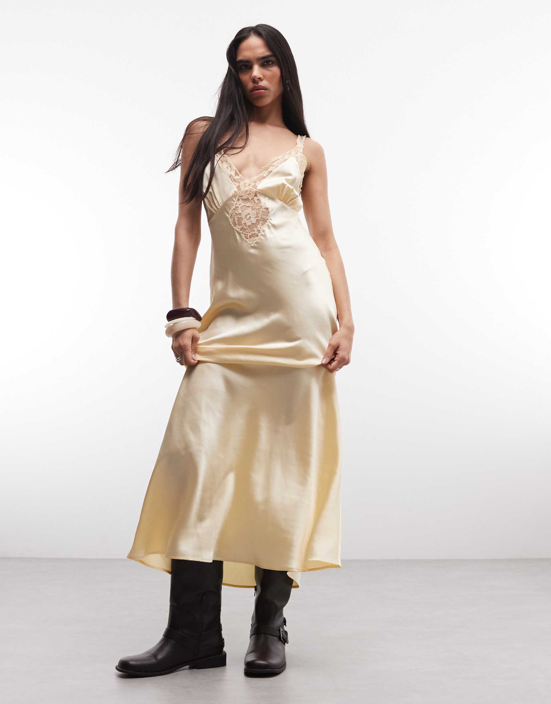 reclaimed vintage maxi tea dress with lace inserts in yellow