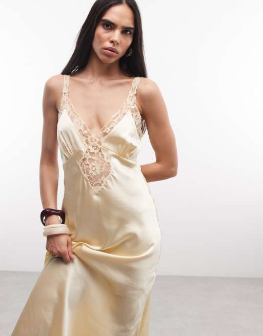 Reclaimed Vintage maxi tea dress with lace inserts in yellow, 2 of 4