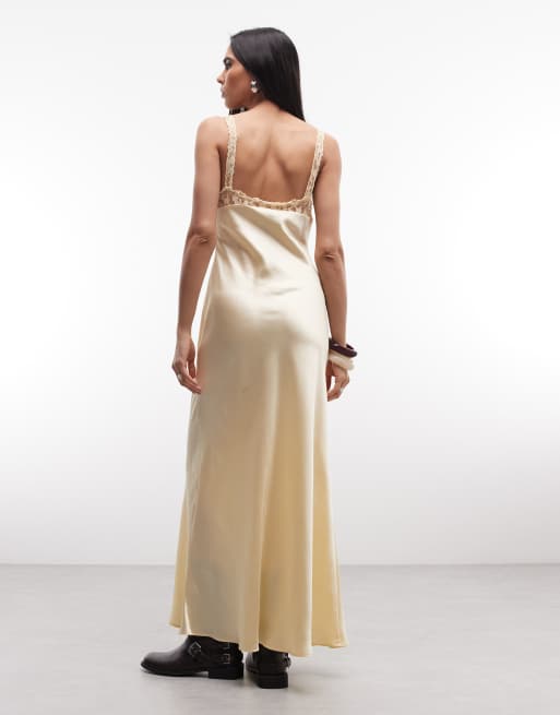 Reclaimed Vintage maxi tea dress with lace inserts in yellow, 4 of 4