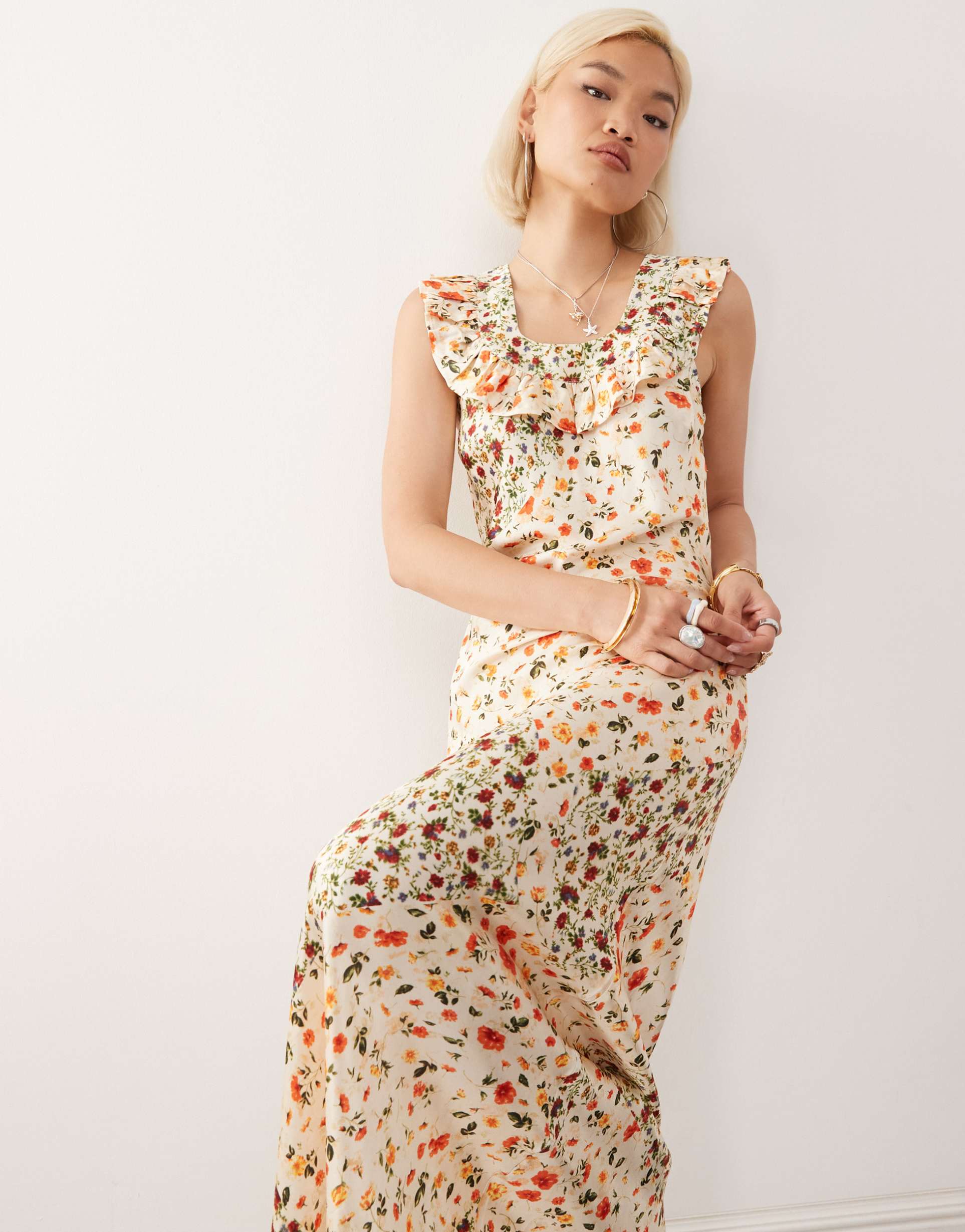 reclaimed vintage maxi tea dress with ruffle neck in floral print