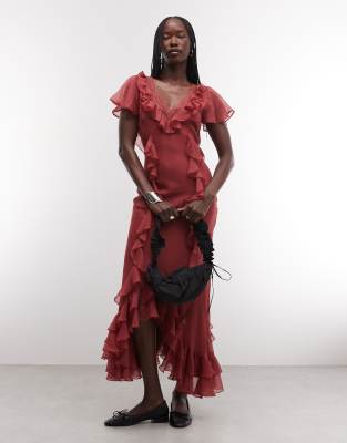 Reclaimed Vintage Maxi Tea Dress With Ruffles And Lace In Red