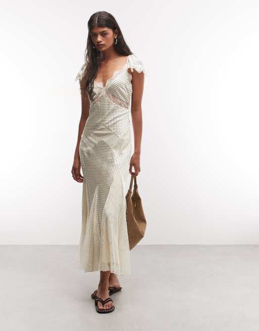 Reclaimed Vintage Maxi-Tee-Kleid mit Spitzeneinsätzen und Polka-Dot-Muster