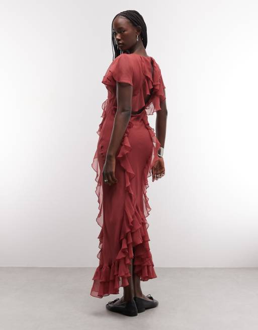 Reclaimed Vintage maxi theejurk met ruches en kant in roestkleur, 2 van 4