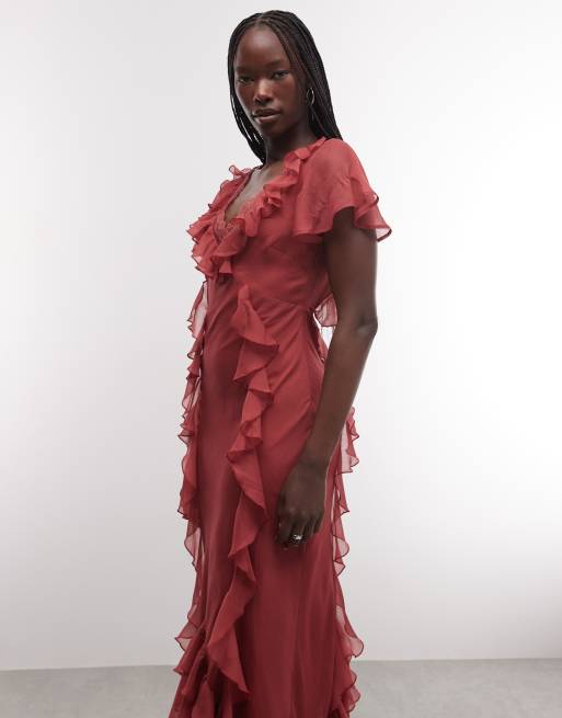 Reclaimed Vintage maxi theejurk met ruches en kant in roestkleur, 3 van 4