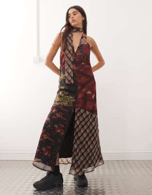 Reclaimed Vintage - Maxi-Trägerkleid mit Schal und geteiltem Blumen-Karomuster-Bunt