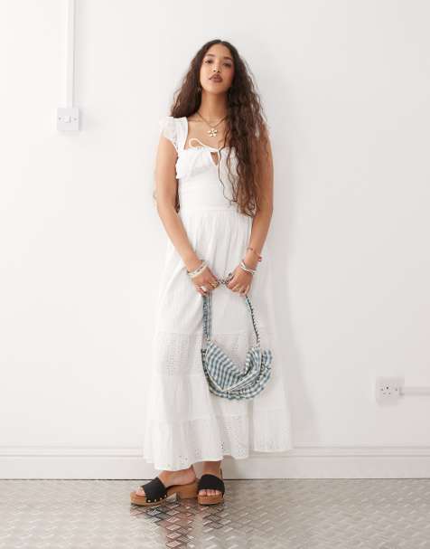 Reclaimed Vintage maxi western summer dress with broderie layers and tie front in white - view 1