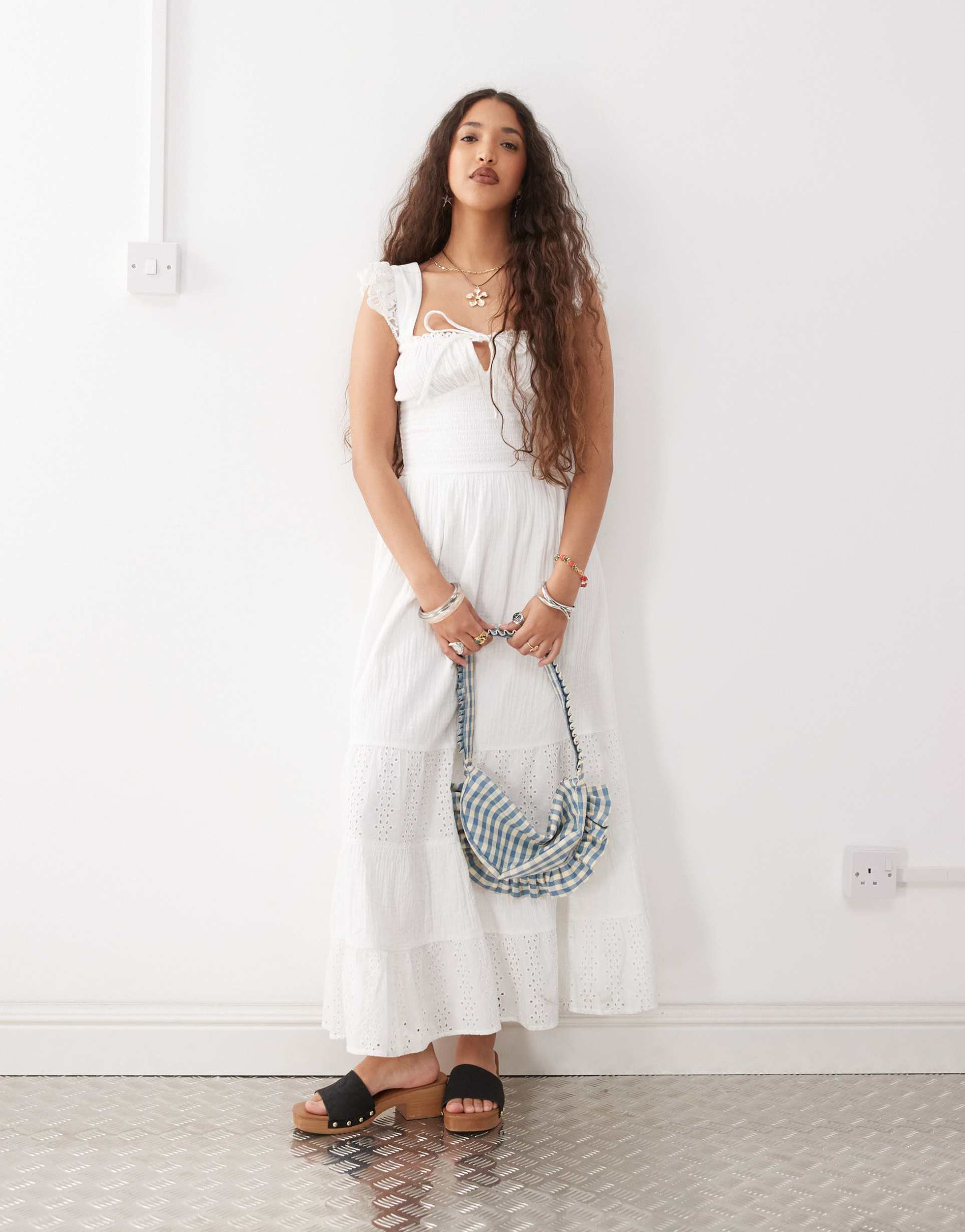 reclaimed vintage maxi western summer dress with broderie layers and tie front in white