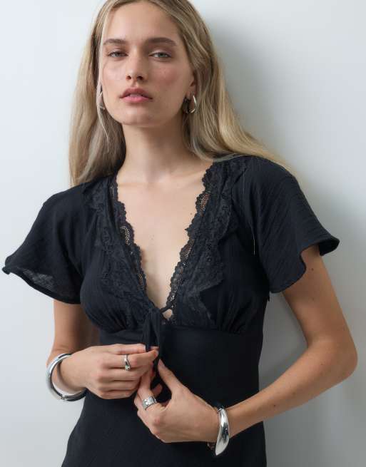 Reclaimed Vintage maxikjole med hørtekstur, bindefront og blondedetaljer i sort, 3 af 4