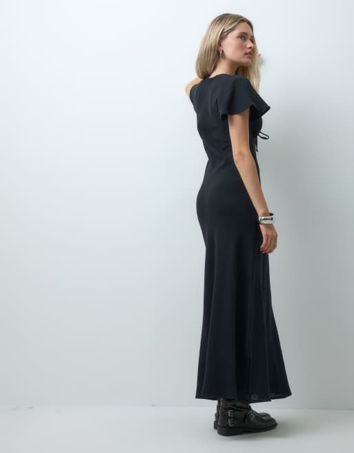 Reclaimed Vintage maxikjole med hørtekstur, bindefront og blondedetaljer i sort, 4 af 4