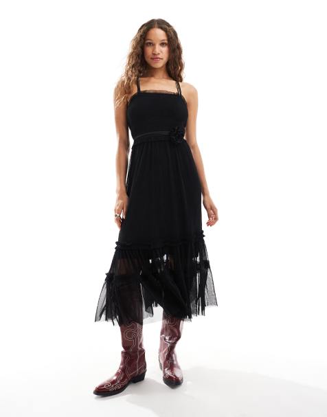 Reclaimed Vintage – Maxikleid aus schwarzem Tüll mit Band mit Ansteckblume - view 1