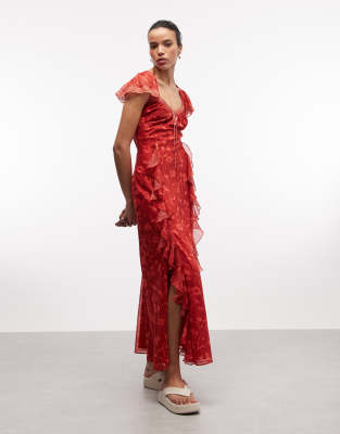 Maxikleid in Rot mit Blumenmuster, Godet-Rüschen und Schlitzen Rot 44