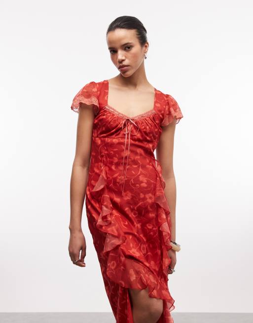 Reclaimed Vintage – Maxikleid in Rot mit Blumenmuster, Godet-Rüschen und Schlitzen, 3 von 4
