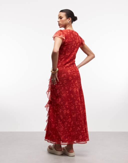 Reclaimed Vintage – Maxikleid in Rot mit Blumenmuster, Godet-Rüschen und Schlitzen, 4 von 4