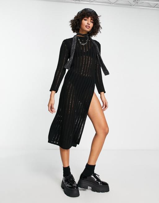 Reclaimed Vintage – Maxikleid in Schwarz mit Schlitz und Laufmaschen-Design