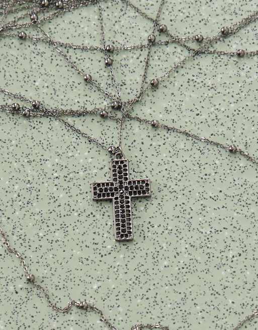 Reclaimed Vintage – Mehrlagige Halskette mit Schmuckperlen und Kreuz in brünierter Silberoptik, 3 von 3