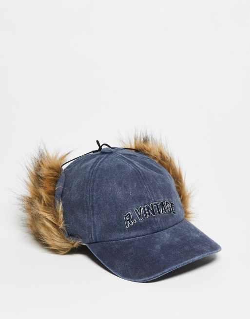 Reclaimed Vintage – Mellanblå öronlappsmössa i denim och unisex-modell och denim med brun fuskpäls