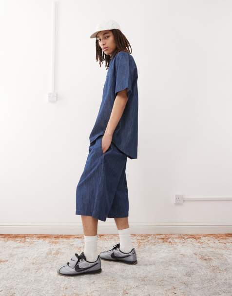 Reclaimed Vintage - Mellemblå shorts med brede ben i chambray - Del af sæt - view 1