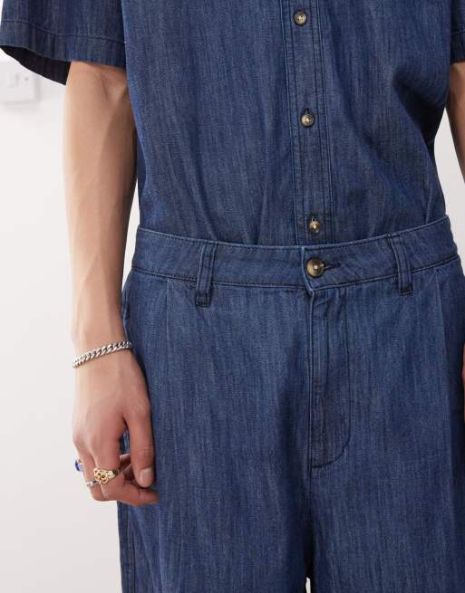 Reclaimed Vintage - Mellemblå shorts med brede ben i chambray - Del af sæt, 2 af 5