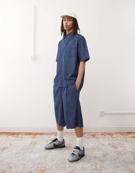 Reclaimed Vintage - Mellemblå shorts med brede ben i chambray - Del af sæt, 5 af 5