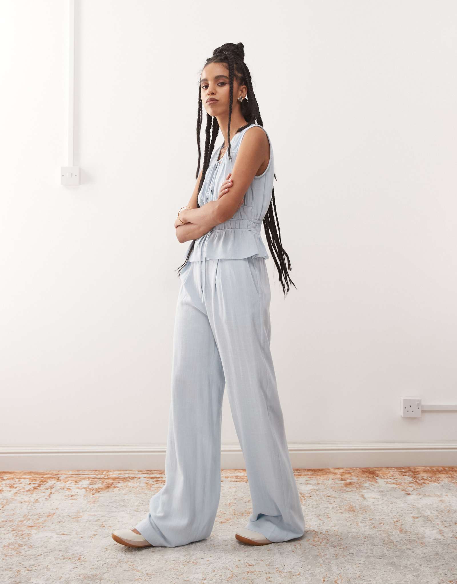 Reclaimed Vintage menswear inspired wide leg linen blend pants in blue