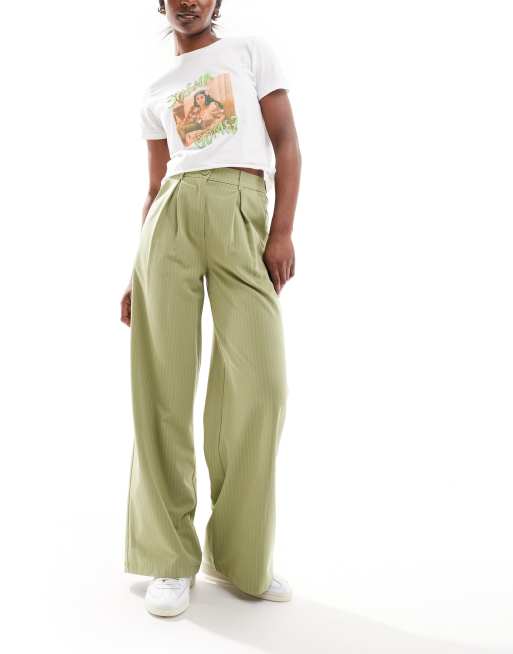 Reclaimed Vintage mensy wide leg pants in green pinstripe