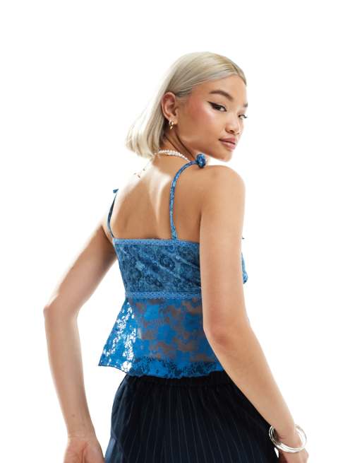 トップス Leciel Blue Lace Up Back Cami Top Y2k Lace Cami Tank Tops for Women Sexy Lace Trim Spaghetti