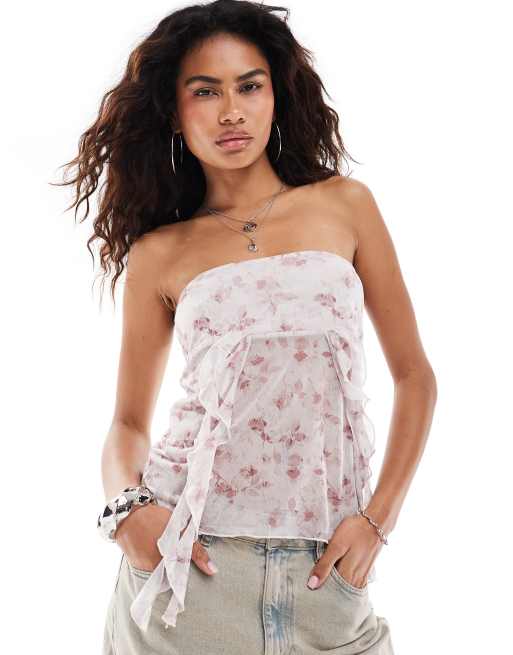 Reclaimed Vintage mesh bandeau in ditsy floral print with frill, 2 of 4