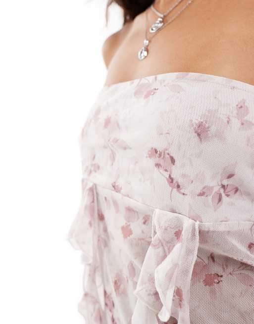 Reclaimed Vintage mesh bandeau in ditsy floral print with frill, 3 of 4