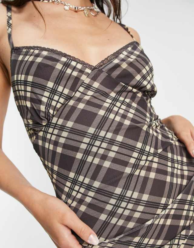 Reclaimed Vintage mesh cami dress in check print in yellow GN8745