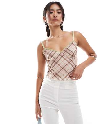 Reclaimed Vintage mesh cami top in check print-Multi